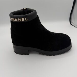 CHANEL Black Shearling Ankle Boots with Gold Detail - Size 38 Brand New in box